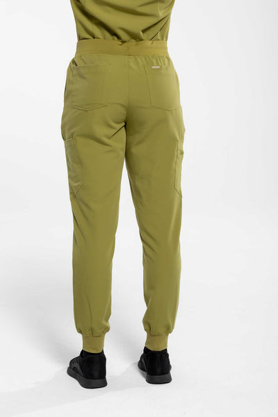 Women's SAYA Jogger Scrub Pant in olive colour featuring back angle of scrub pant #colour_olive