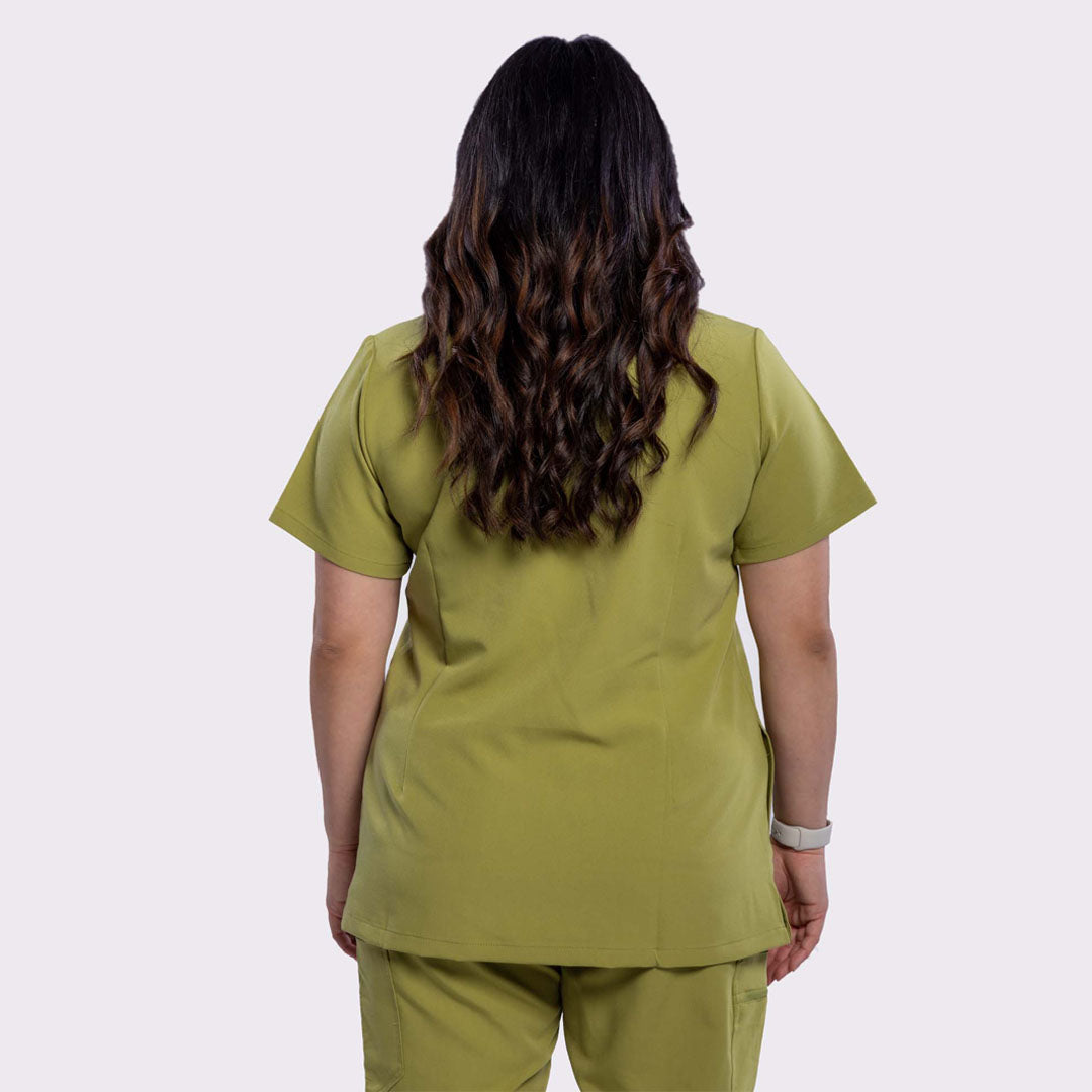 Vena scrub top in olive colour featuring back angle from thigh up #colour_olive