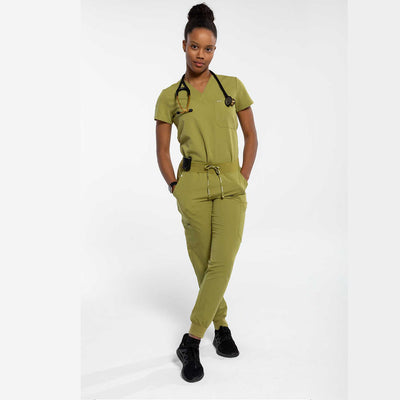 Scrub pants in olive colour featuring full body image #colour_olive