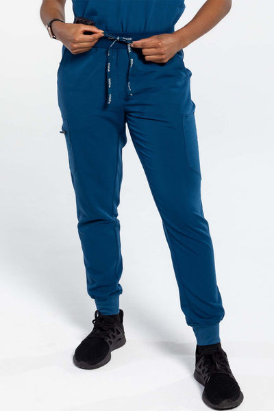Vena Scrub pant front angle featuring new drawstring#colour_navy-blue