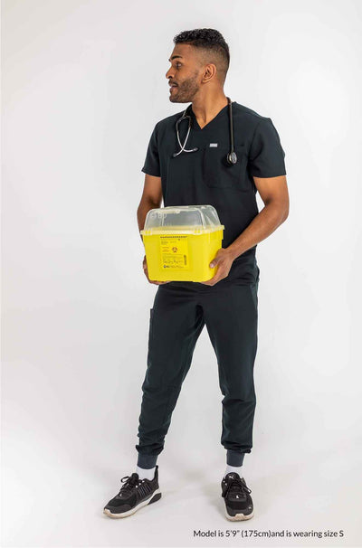 Men's DEX Jogger Scrub Pants, Gentleman holding yellow hazard container holding stethoscope on his neck #colour_black