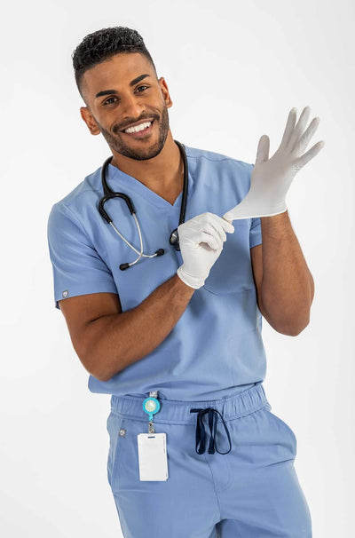 Men's AESON Scrub Top, Gentleman wearing a plastic gloves on his hands #colour_ceil-blue